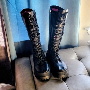 Black Lace-Up Knee-High Boots